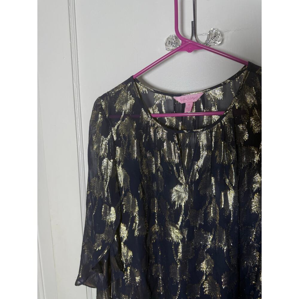 Lilly Pulitzer Beccer Silk Clip Top Navy Blue Gold Blouse Top Women's XS - Picture 3 of 10